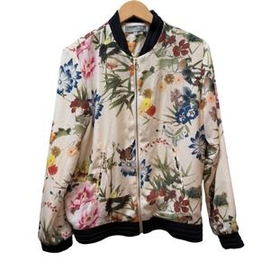 Bagatelle Collection Floral Print Bomber Jacket Womens Size M Cream Black Trim